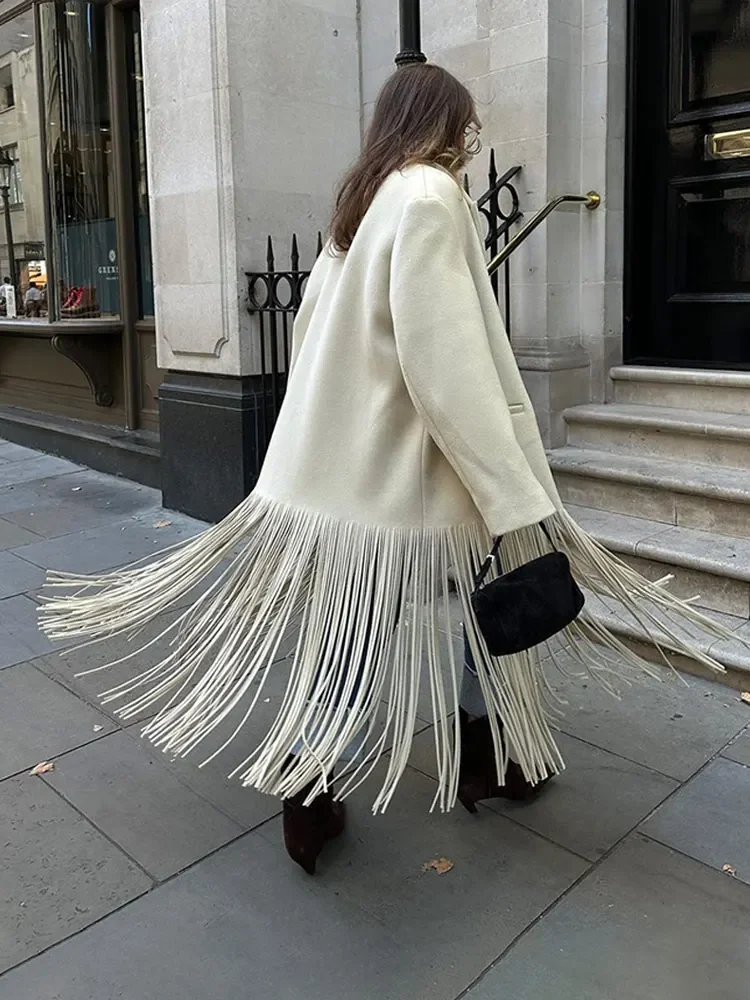 Fashion Women Tassel Woolen Blends Coat 2023 Autumn Solid Lapel Full Sleeve Pocket Coats Chic Warm Female Streetwear Overcoats