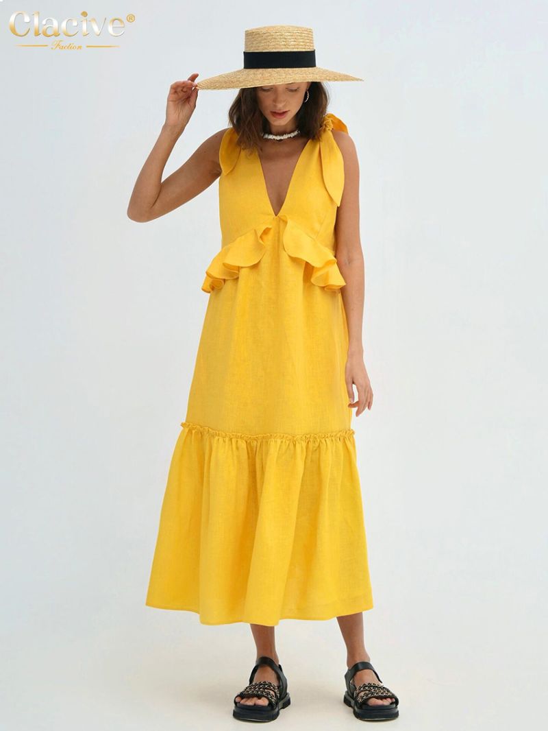 Clacive Sexy Yellow Linen Summer Dress Fashion Deep V-Neck Sleeveless Midi Dress Elegant Ruffle Backless Dresses For Women 2023