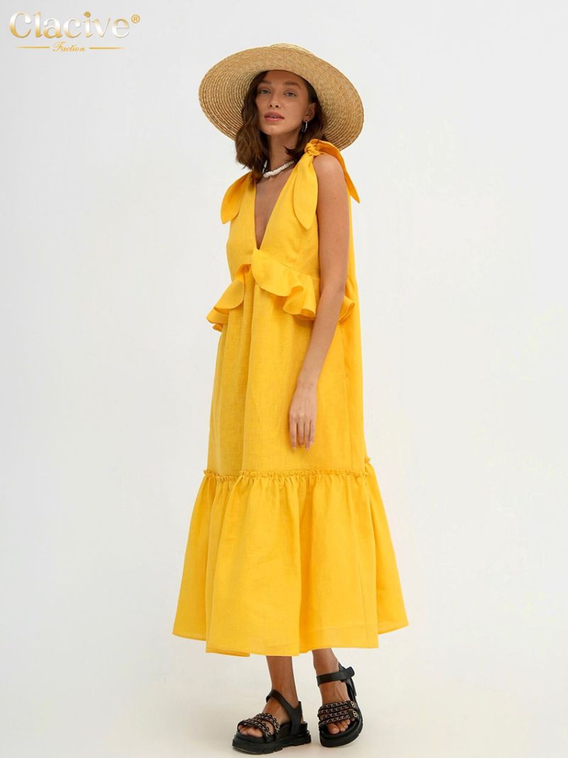 Clacive Sexy Yellow Linen Summer Dress Fashion Deep V-Neck Sleeveless Midi Dress Elegant Ruffle Backless Dresses For Women 2023