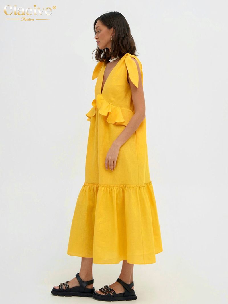 Clacive Sexy Yellow Linen Summer Dress Fashion Deep V-Neck Sleeveless Midi Dress Elegant Ruffle Backless Dresses For Women 2023