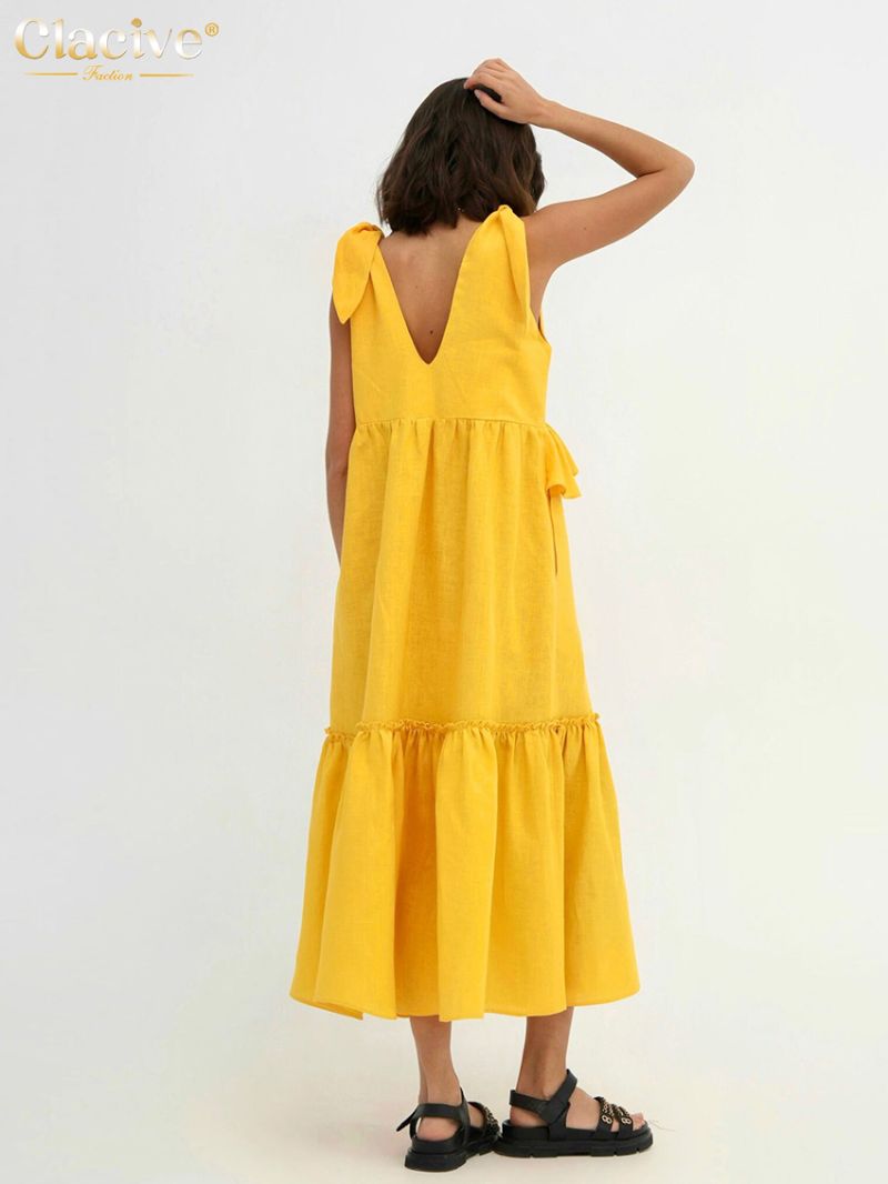 Clacive Sexy Yellow Linen Summer Dress Fashion Deep V-Neck Sleeveless Midi Dress Elegant Ruffle Backless Dresses For Women 2023