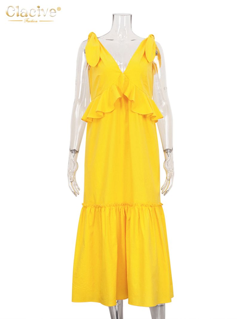 Clacive Sexy Yellow Linen Summer Dress Fashion Deep V-Neck Sleeveless Midi Dress Elegant Ruffle Backless Dresses For Women 2023