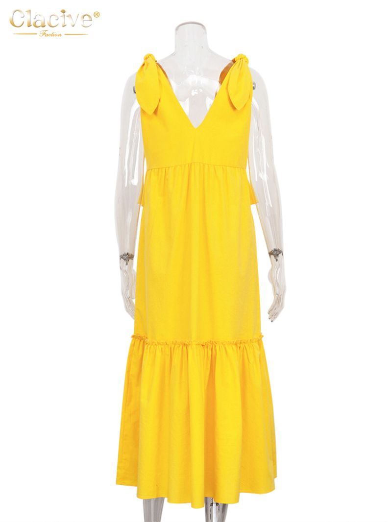 Clacive Sexy Yellow Linen Summer Dress Fashion Deep V-Neck Sleeveless Midi Dress Elegant Ruffle Backless Dresses For Women 2023