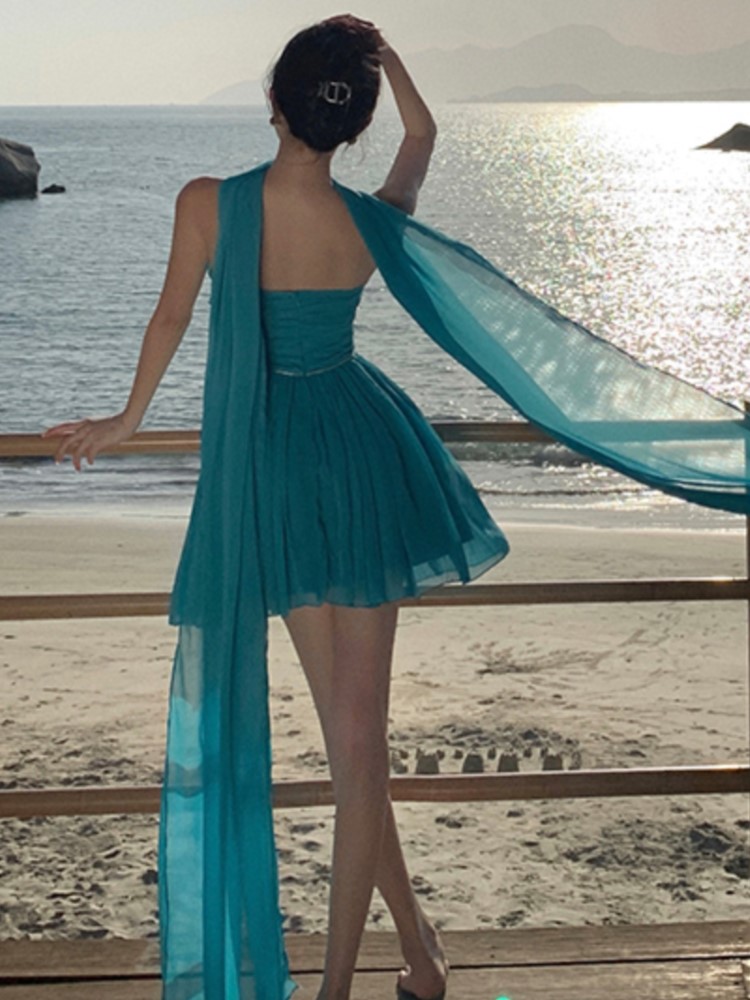 New Summer Strapless Short Dresses for Women with Long Ribbon High Waist A-line Beach Style Party Dress One Piece Vestido Mujer