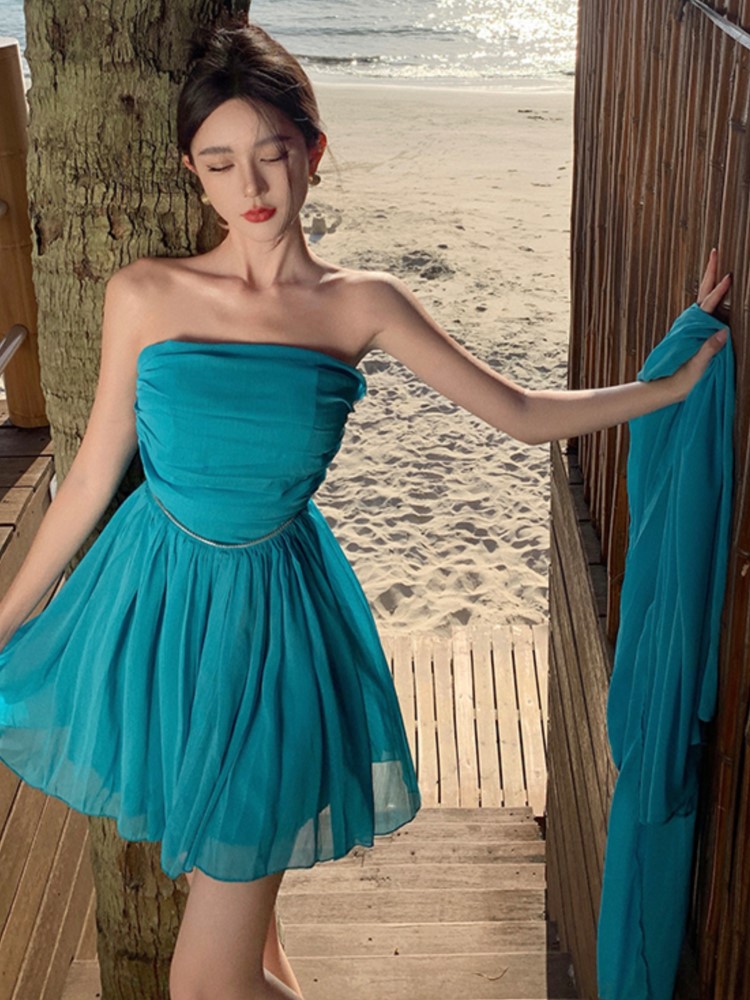 New Summer Strapless Short Dresses for Women with Long Ribbon High Waist A-line Beach Style Party Dress One Piece Vestido Mujer