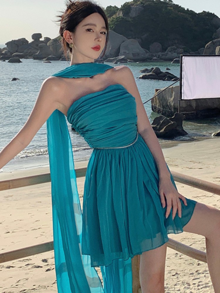 New Summer Strapless Short Dresses for Women with Long Ribbon High Waist A-line Beach Style Party Dress One Piece Vestido Mujer