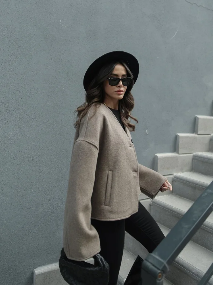 2024 Autumn Winter Grey V Neck Solid Warm Coat Women Elegant Button Long Sleeve Loose Jacket Female High Street Outerwear