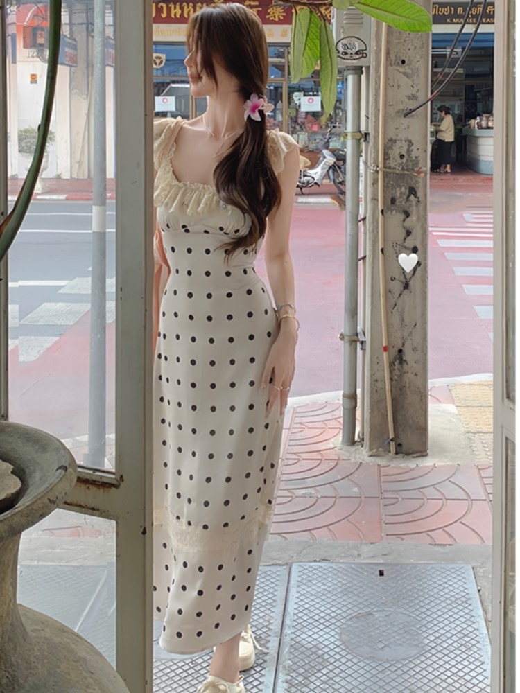 Sexy Lace Polka Dot Midi Dress Women New Summer Backless Spaghetti Strap Korean Elegant Holiday Vintage Casual Party Dresses