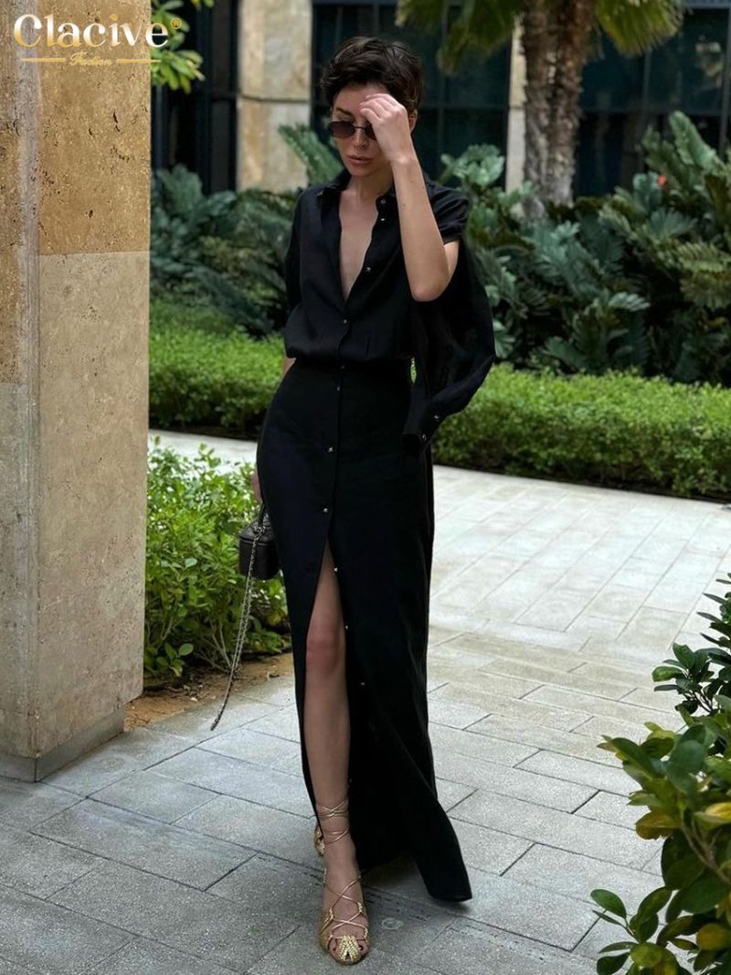 Clacive Sexy Loose Black Cotton Women's Dress Fashion Lapel Long Sleeve Ankle Length Dresses Elegant Classic Slit Dresses Female