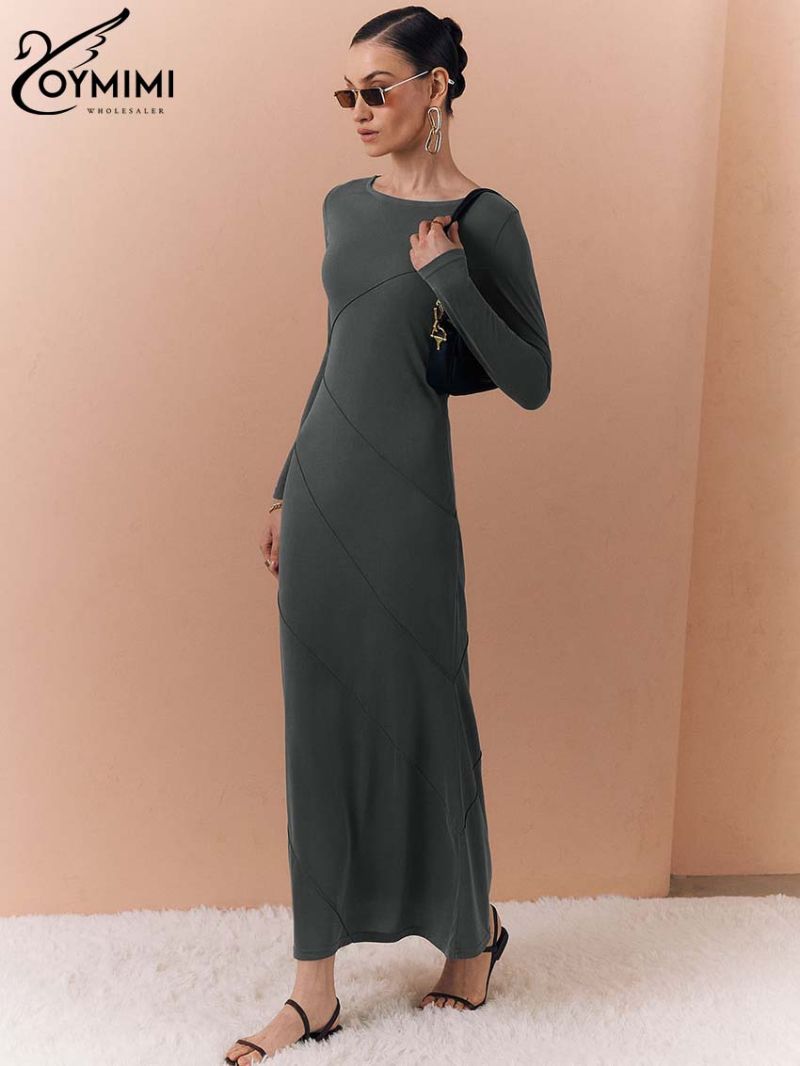 Oymimi Fashion Dark Grey Slim Womens Dresses Elegant O-Neck Long Sleeve Simple Dresses Autumn Straight Ankle-Length Dress Female