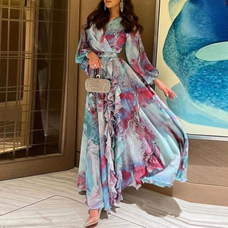 Spring Women Casual Swing Boho Dresses Vintage Tie-dyed Printed Chiffon Dress Fashion V-neck Lantern Sleeve Holiday Long Dress