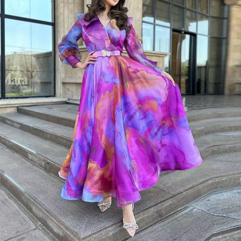 Spring Women Casual Swing Boho Dresses Vintage Tie-dyed Printed Chiffon Dress Fashion V-neck Lantern Sleeve Holiday Long Dress