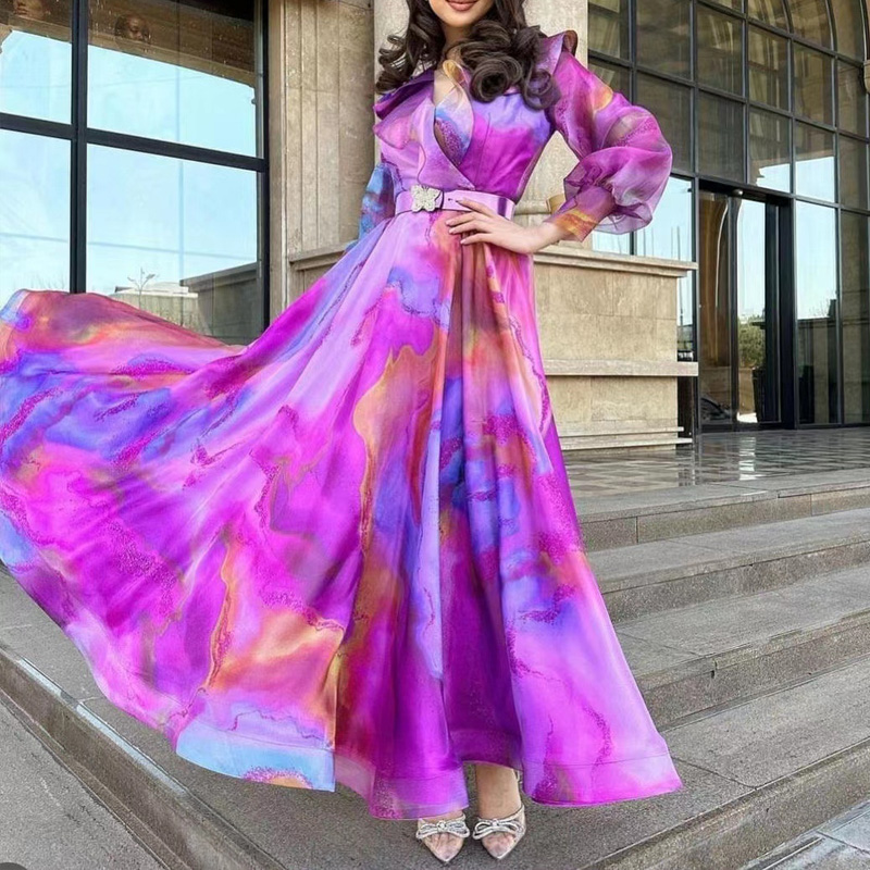 Spring Women Casual Swing Boho Dresses Vintage Tie-dyed Printed Chiffon Dress Fashion V-neck Lantern Sleeve Holiday Long Dress