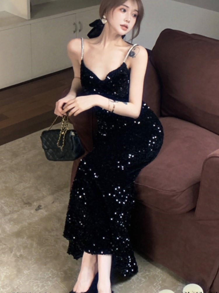 Retro Sequins Evening Party Dress Sleeveless Slim Mermaid Long Dresses for Women Spring New Prom Robe Wedding Vestidos Mujer