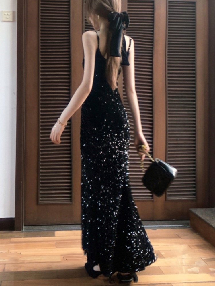 Retro Sequins Evening Party Dress Sleeveless Slim Mermaid Long Dresses for Women Spring New Prom Robe Wedding Vestidos Mujer