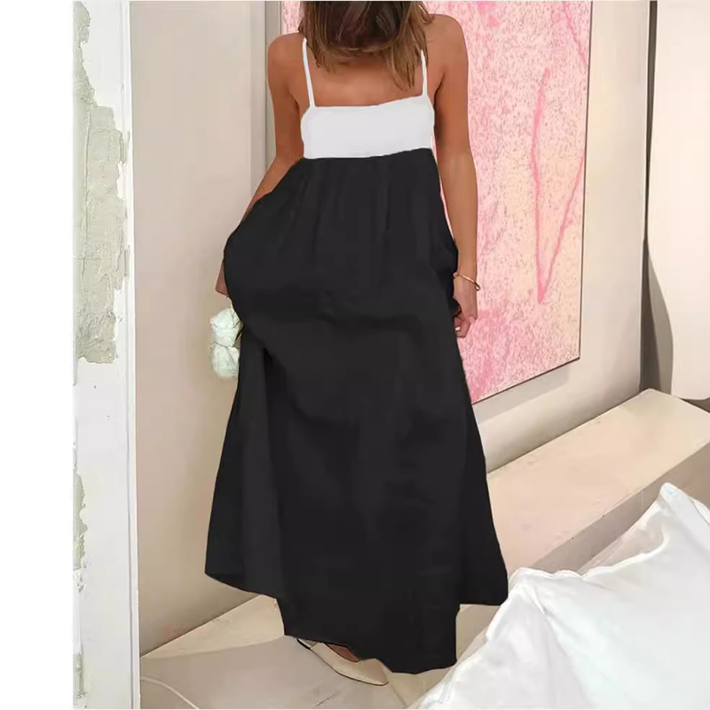 Casual Off Shoulder Color Blocked Party Dress New Summer Hollow Sleeveless Suspender Dress Fashion High Waist Beach Long Dresses