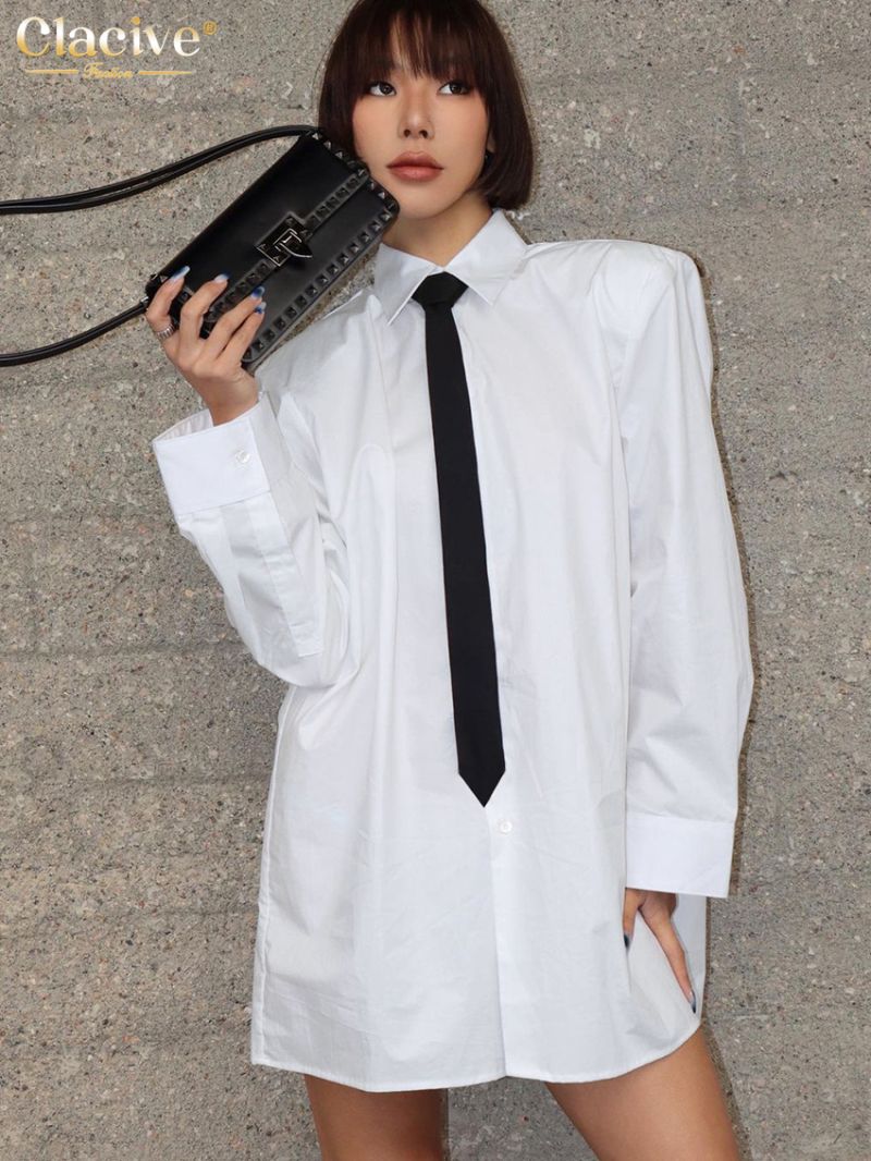 Clacive Fashion Loose White Cotton Dress Ladies Casual Lapel Long Sleeve Mini Dress Elegant Tie Solid Dresses For Women 2024