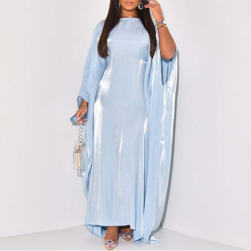 New Casual O Neck Satin Women's Long Dress Fashion Batwing Sleeves Solid Color Commuting Dress Summer Loose Pleated Robe Dresses