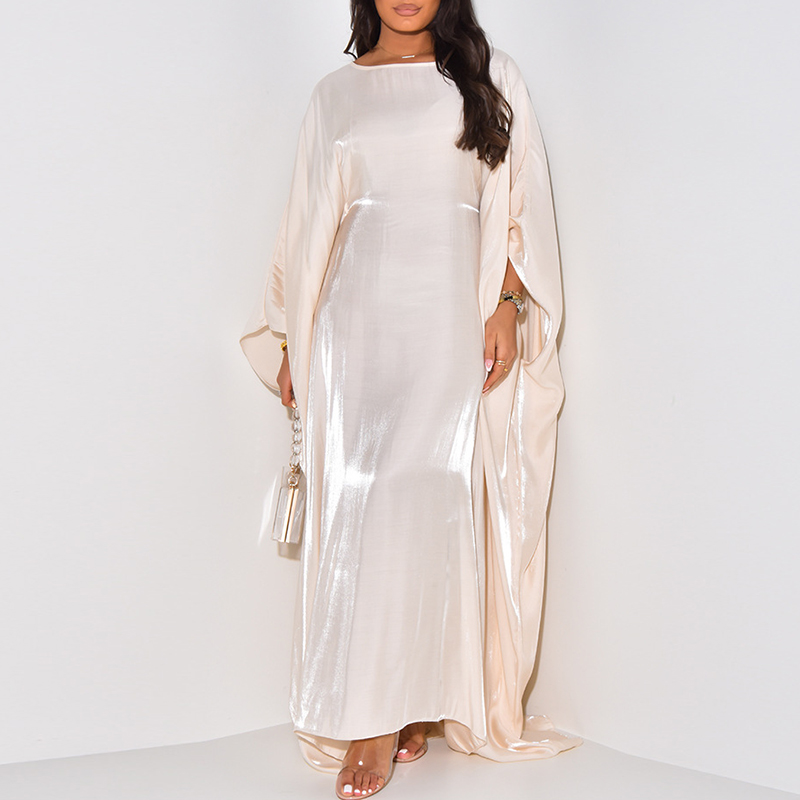 New Casual O Neck Satin Women's Long Dress Fashion Batwing Sleeves Solid Color Commuting Dress Summer Loose Pleated Robe Dresses