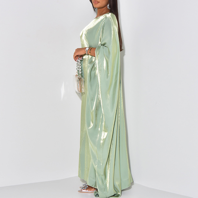 New Casual O Neck Satin Women's Long Dress Fashion Batwing Sleeves Solid Color Commuting Dress Summer Loose Pleated Robe Dresses