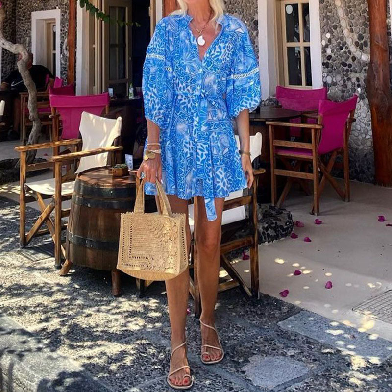 New Blue Floral Printed V Neck Women Dress Casual High Waist Lace Up Bohemian Dress Summer Puff Sleeves Loose Beach Short Dress