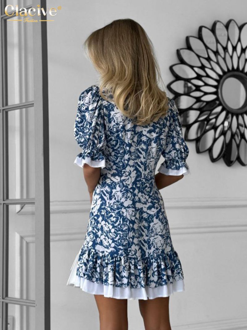 Clacive Summer Slim Print Women's Dress 2024 Fashion V-Neck Short Sleeve Mini Dresses Elegant Patchwork Pleated Female Dress