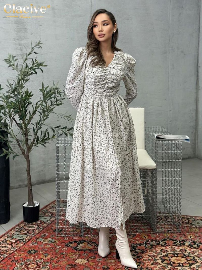 Clacive Fashion Loose Print Women Dress Vintage V-Neck Long Sleeve Ankle Length Dresses Elegant Classic High Waist Female Dress