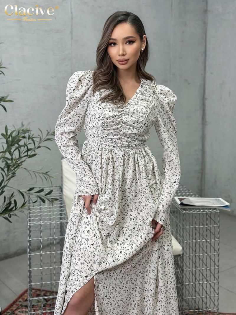 Clacive Fashion Loose Print Women Dress Vintage V-Neck Long Sleeve Ankle Length Dresses Elegant Classic High Waist Female Dress