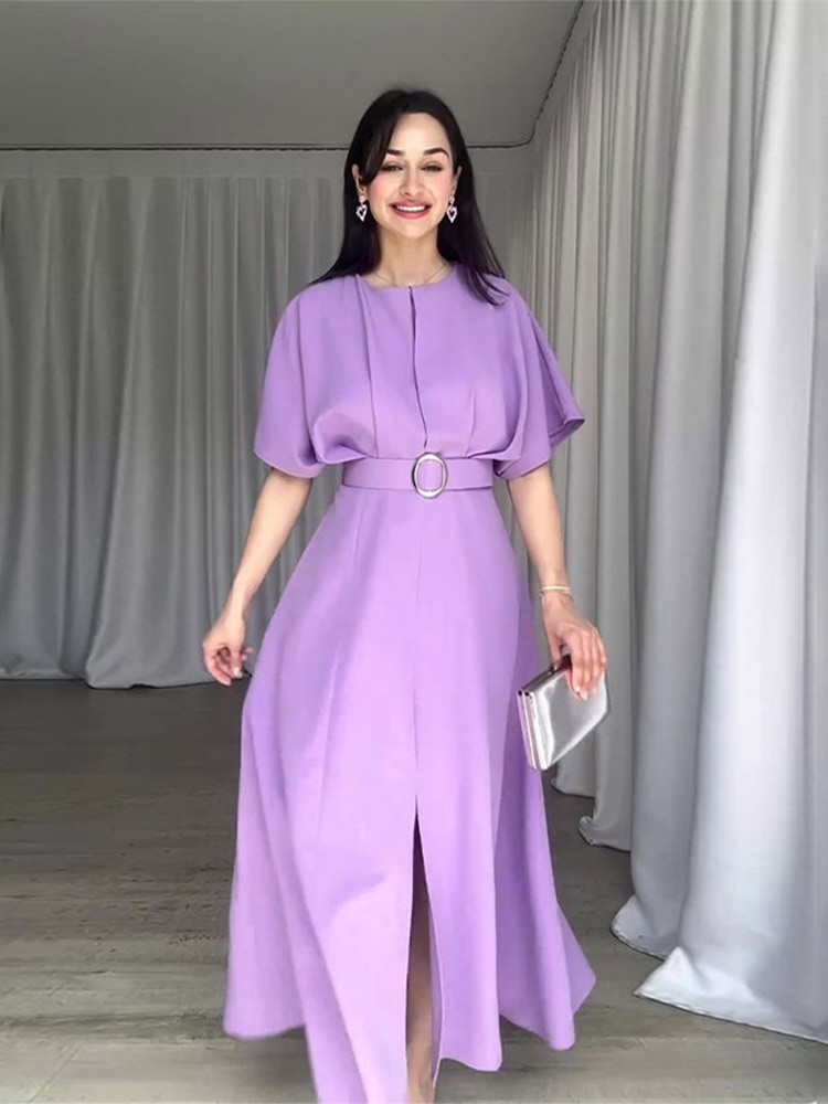 Women Elegant O-neck High Waist Solid A-line Dresses Fashion Pleat Hem Slit With Belt Dress Lady Summer Casual Office Robes