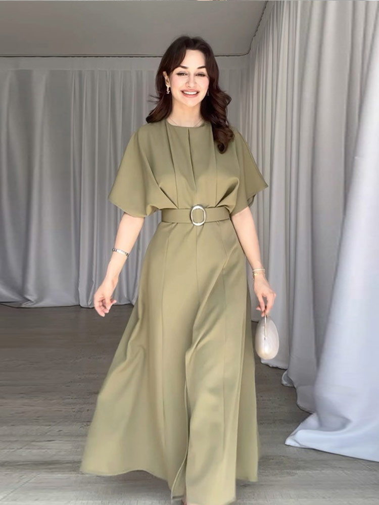 Women Elegant O-neck High Waist Solid A-line Dresses Fashion Pleat Hem Slit With Belt Dress Lady Summer Casual Office Robes