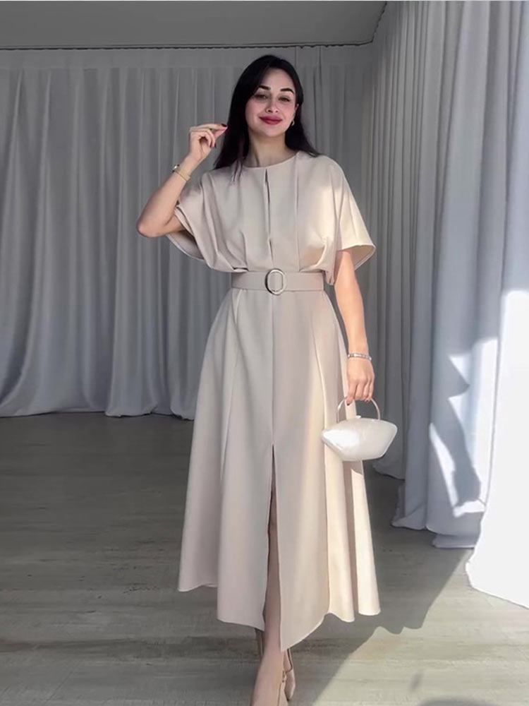 Women Elegant O-neck High Waist Solid A-line Dresses Fashion Pleat Hem Slit With Belt Dress Lady Summer Casual Office Robes