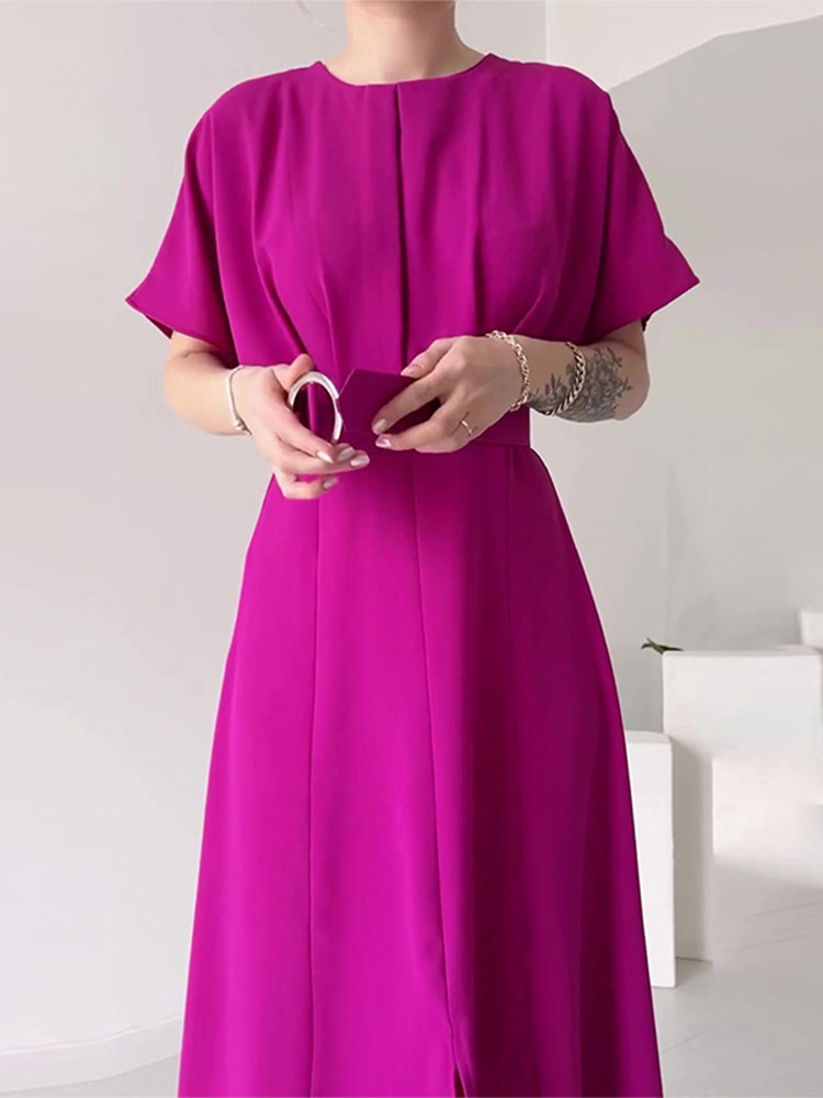 Women Elegant O-neck High Waist Solid A-line Dresses Fashion Pleat Hem Slit With Belt Dress Lady Summer Casual Office Robes