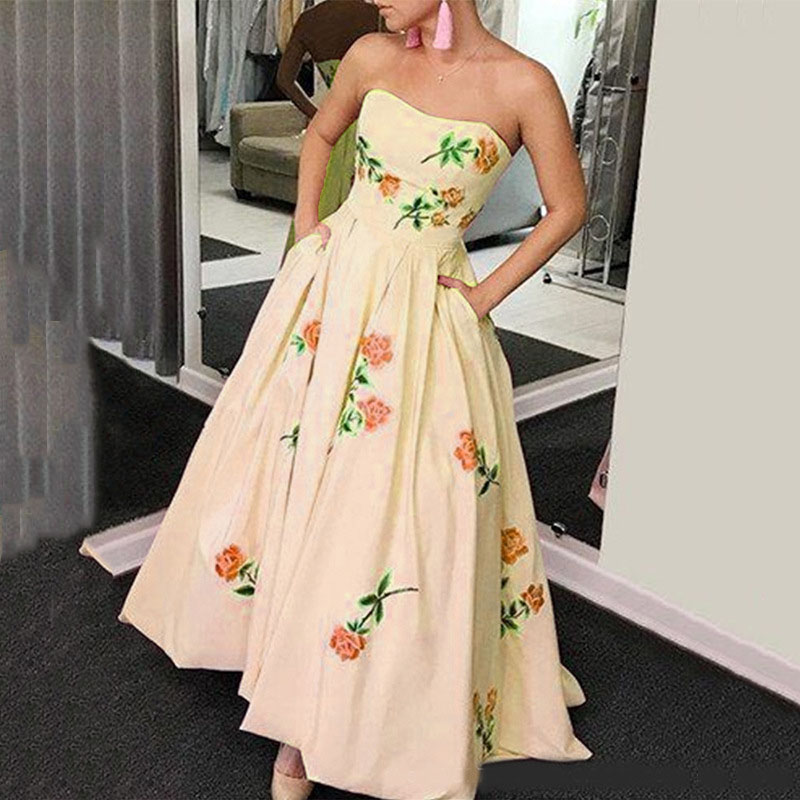 Fashion Strapless Floral Print Evening Dress Summer Hollow Out Off Shoulder Pocket Long Dress Ladies Elegant Pleated Robe Dress