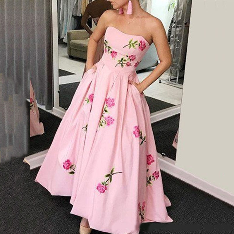 Fashion Strapless Floral Print Evening Dress Summer Hollow Out Off Shoulder Pocket Long Dress Ladies Elegant Pleated Robe Dress