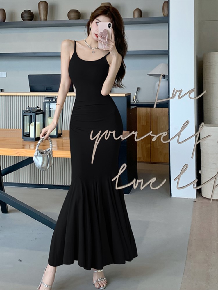 Elegant Evening Party Dress Sexy Bodycon Solid Long Dresses for Women Slim Mermaid Spaghetti Strap Prom Robe Summer New Vestido