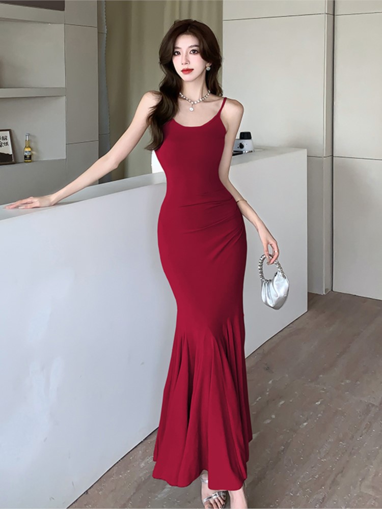 Elegant Evening Party Dress Sexy Bodycon Solid Long Dresses for Women Slim Mermaid Spaghetti Strap Prom Robe Summer New Vestido