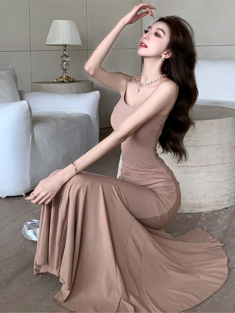 Elegant Evening Party Dress Sexy Bodycon Solid Long Dresses for Women Slim Mermaid Spaghetti Strap Prom Robe Summer New Vestido