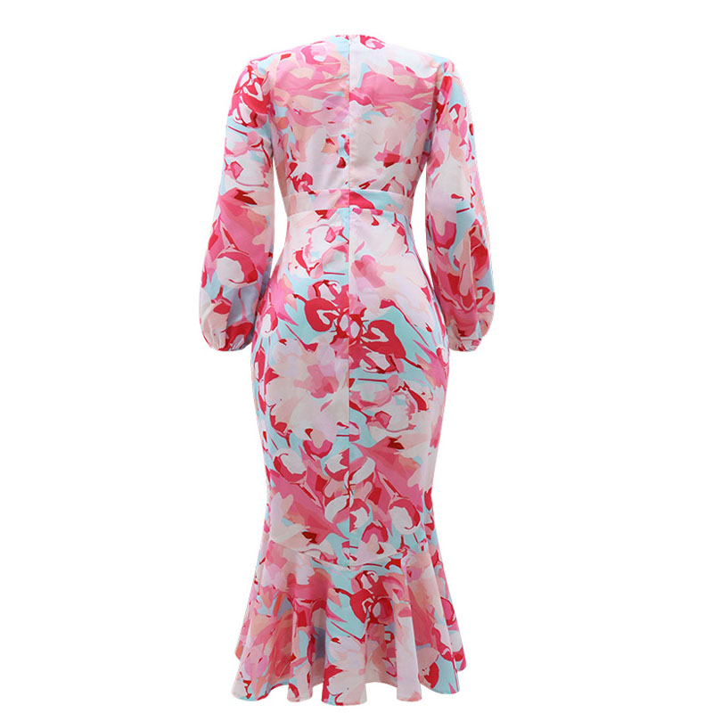 Sexy Deep V Ruffled Slim Hem Long Dress Summer Sweet Floral Print Long Sleeved Dress New Elegant Irregular Party Dress Vestidos