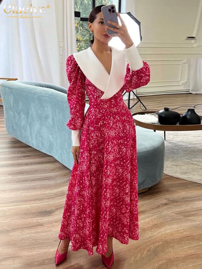 Clacive Fashion Loose Print Ankle-Length Dress Ladies Elegant Lapel Lantern Sleeve High Waist Classic Dresses For Women 2023