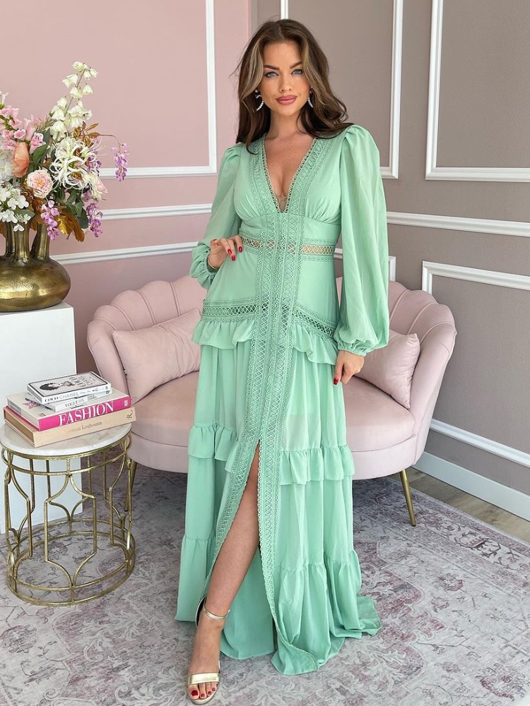 Women Sexy V-neck Lantern Long Sleeved Maxi Dress Elegant Patchwork Ruffles Hollow Lace Slim Dresses Summer Lady Party Robes