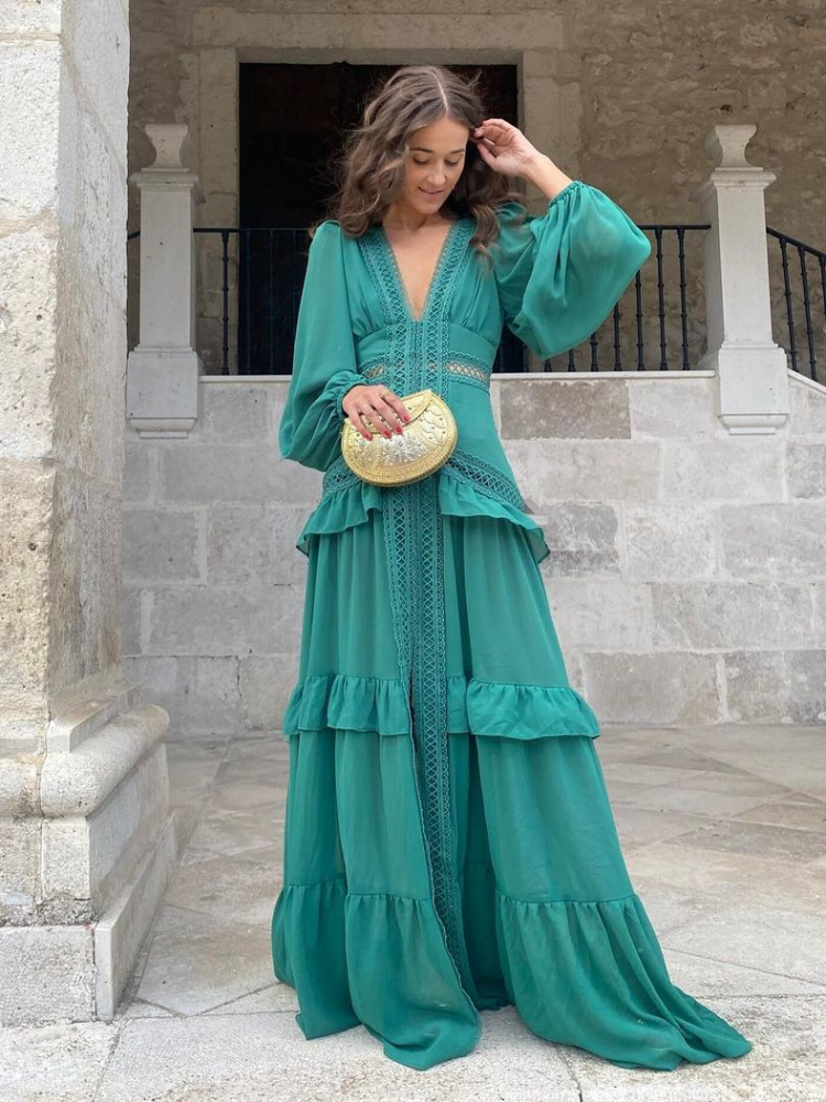 Women Sexy V-neck Lantern Long Sleeved Maxi Dress Elegant Patchwork Ruffles Hollow Lace Slim Dresses Summer Lady Party Robes