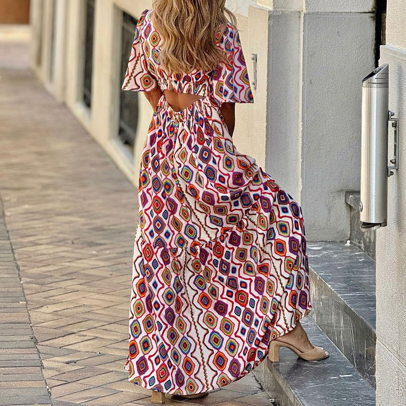 Summer Ladies Deep V Short Sleeved Bohemian Dress Casual Floral Print High Waist Holiday Dress Sexy Hollow Backless Beach Dress