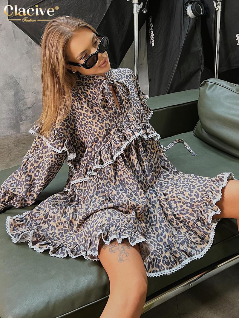 Clacive Casual Loose Print Dress Ladies Fashion Stand Collar Long Sleeve Office Mini Dress Elegant Ruffle Dresses For Women 2023