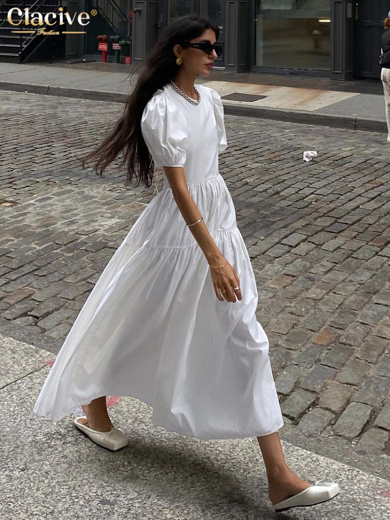 Clacive Summer Loose White Cotton Dress Lady Fashion O-Neck Short Sleeve Dress Elegant Classic High Waist Dresses For Women 2024