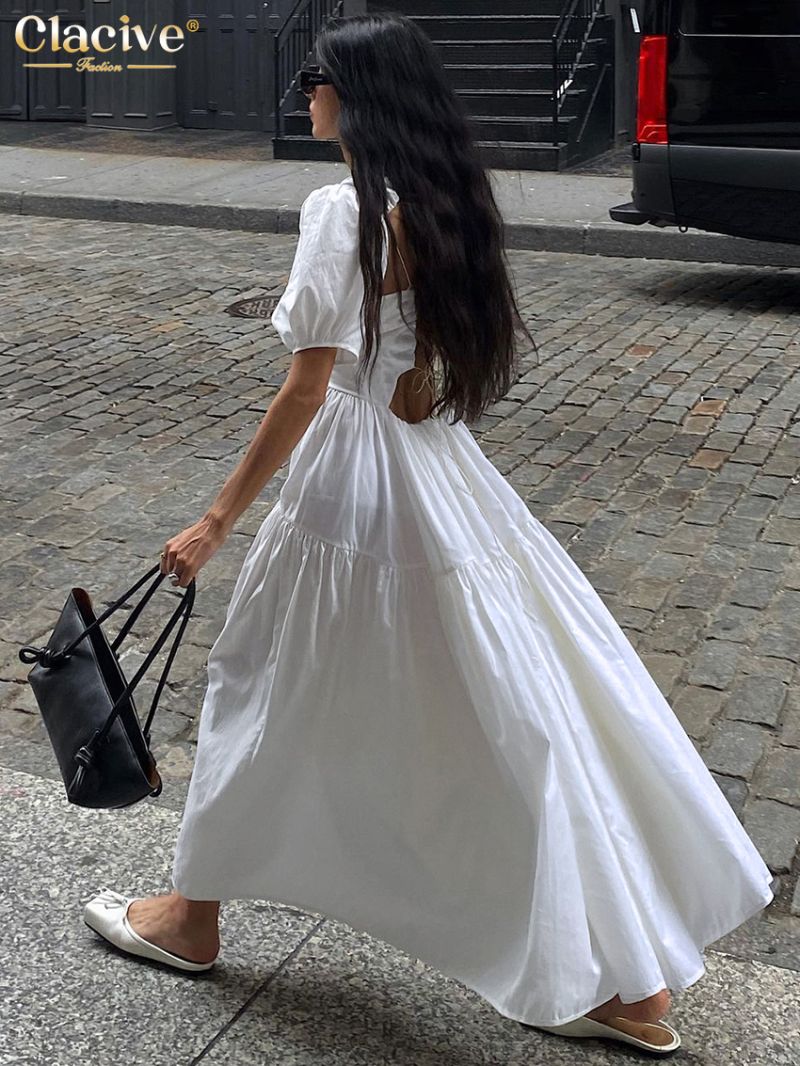 Clacive Summer Loose White Cotton Dress Lady Fashion O-Neck Short Sleeve Dress Elegant Classic High Waist Dresses For Women 2024