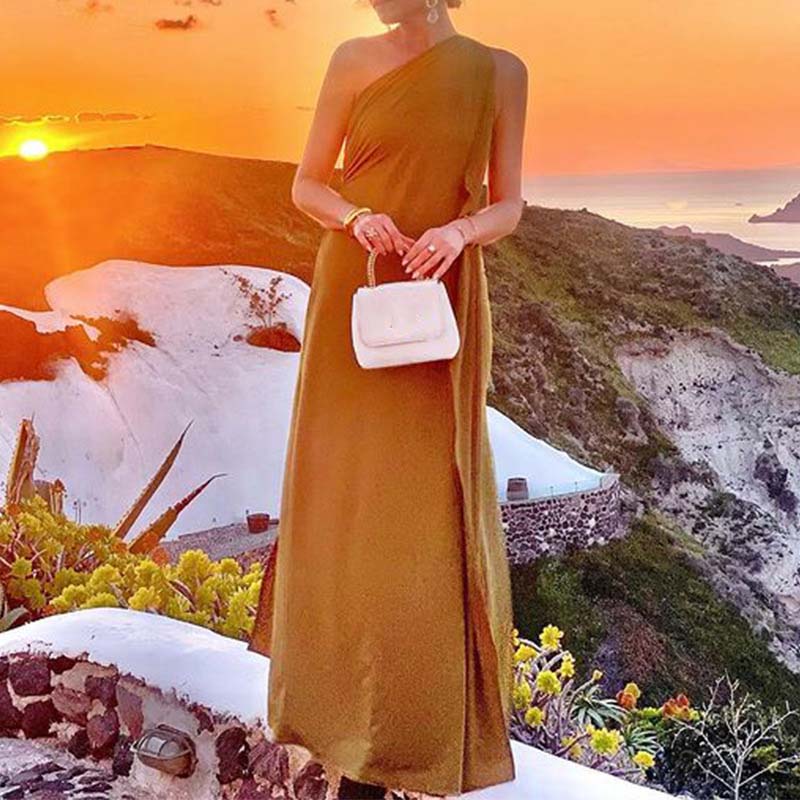 New Summer Irregular Club Party Long Dress Elegant Slant Neck Draped Solid Women Dress Vintage Patchwork Split Robe Dress Mujer