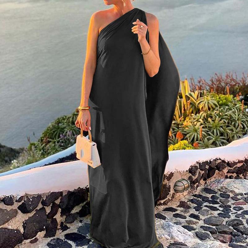 New Summer Irregular Club Party Long Dress Elegant Slant Neck Draped Solid Women Dress Vintage Patchwork Split Robe Dress Mujer