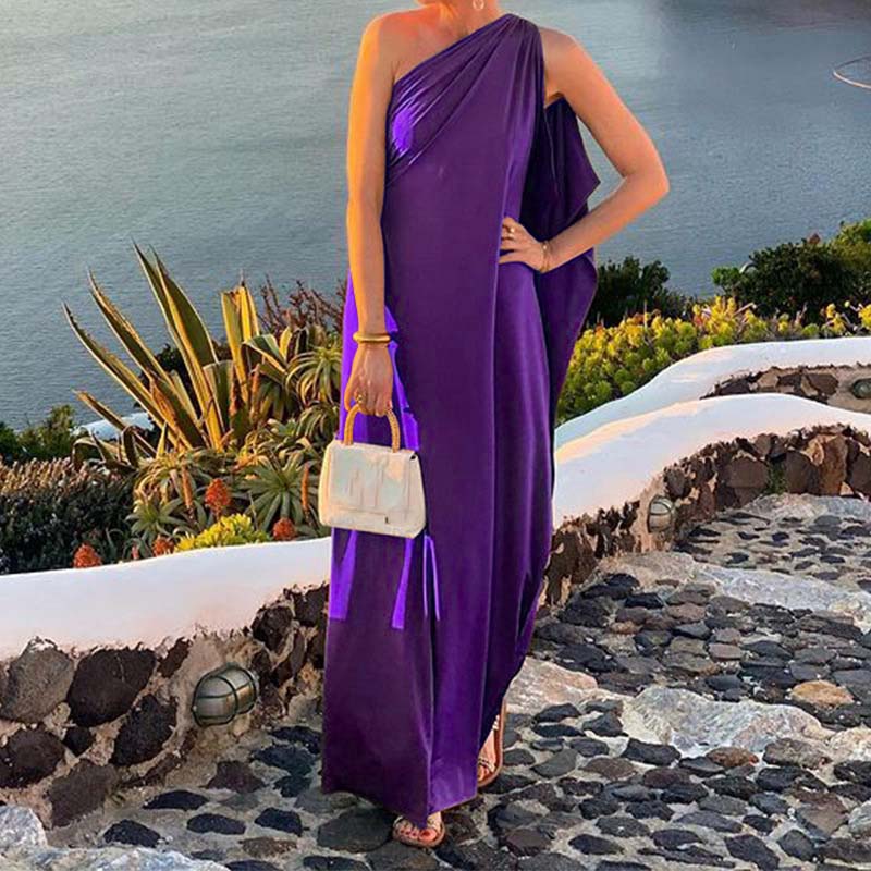 New Summer Irregular Club Party Long Dress Elegant Slant Neck Draped Solid Women Dress Vintage Patchwork Split Robe Dress Mujer