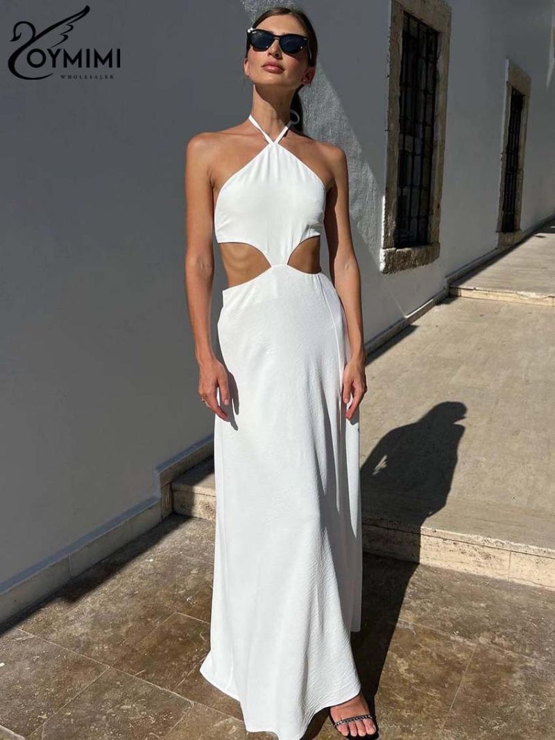 Oymimi Summer White Hollow Out Women's Dress Fashion Halter Neck Open Back Lace-Up Dresses Casual Straight Side Slit Dresses