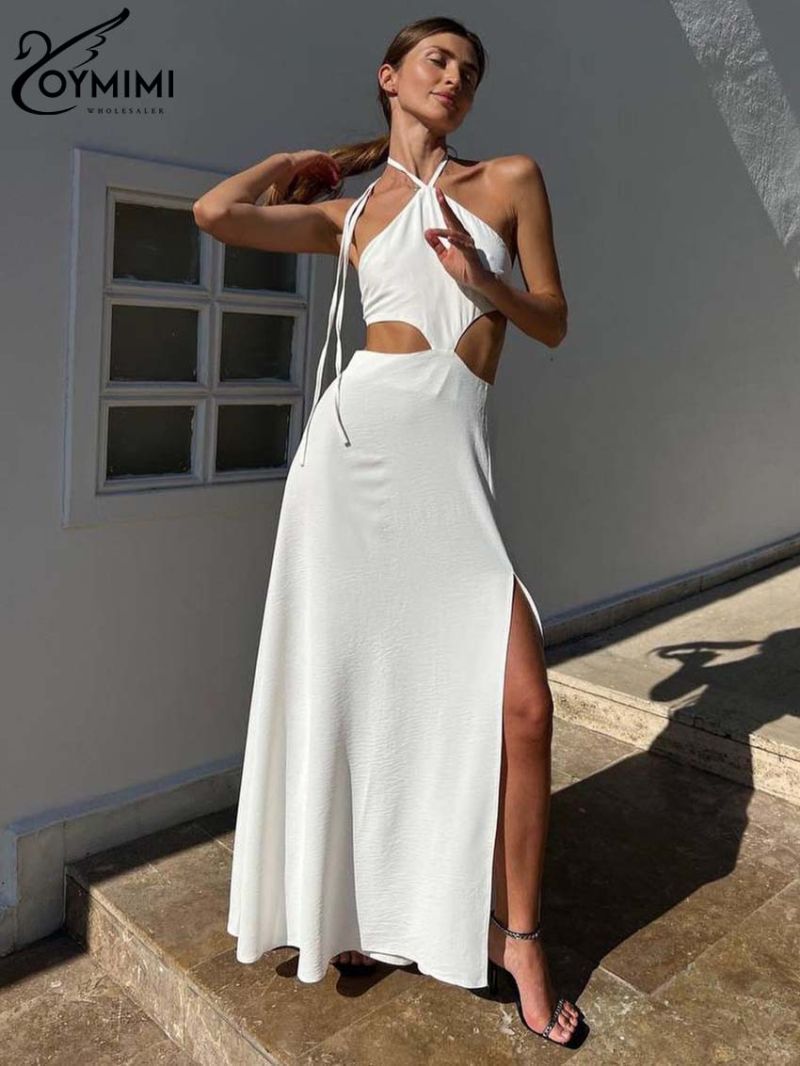 Oymimi Summer White Hollow Out Women's Dress Fashion Halter Neck Open Back Lace-Up Dresses Casual Straight Side Slit Dresses